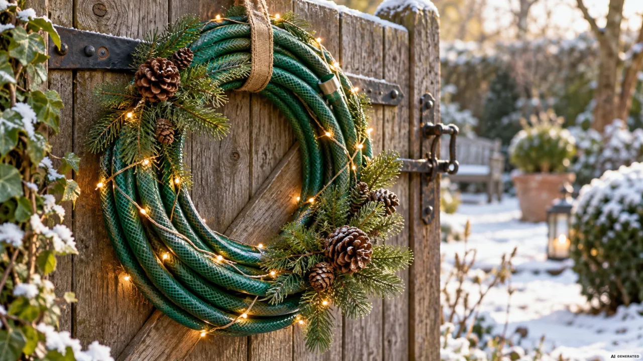 Weihnachtskranz aus altem grünem Gartenschlauch mit Tannenzweigen, Zapfen und Lichterkette an einem Holztor.