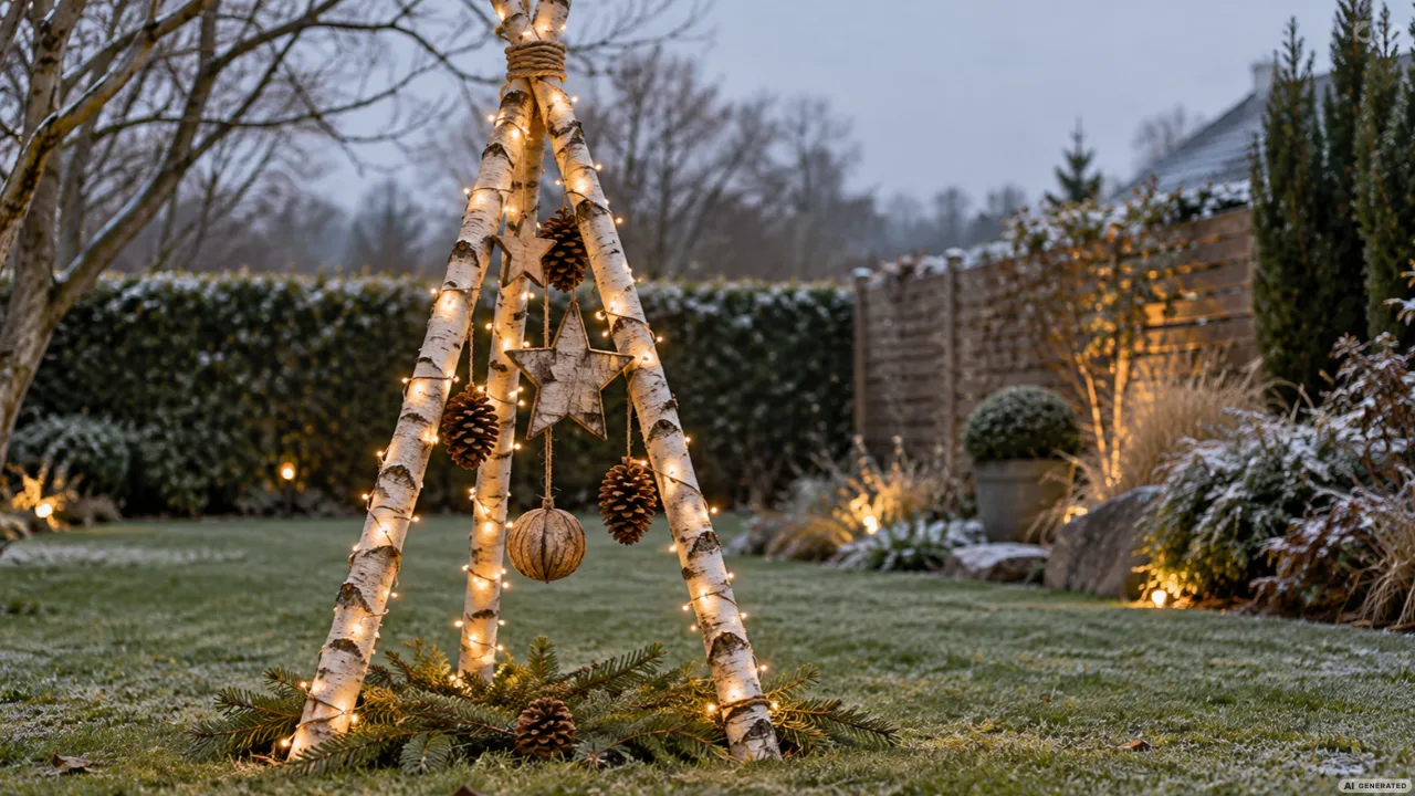 Drei Birkenstämme als Weihnachtsbaum auf dem Rasen mit Lichterkette, Holzsternen und Zapfen.