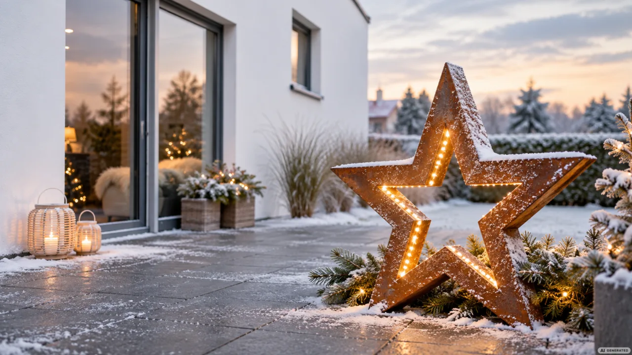 Wetterfeste Weihnachtsdeko für die Terrasse mit leuchtendem Metallstern, Tannengrün und Schnee.