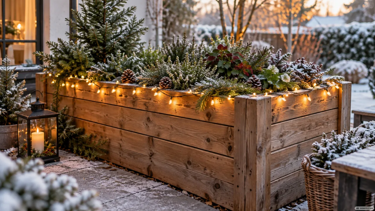 Weihnachtliches Hochbeet aus Holz mit warmweißer Lichterkette, Tannengrün und Laterne auf verschneiter Terrasse.
