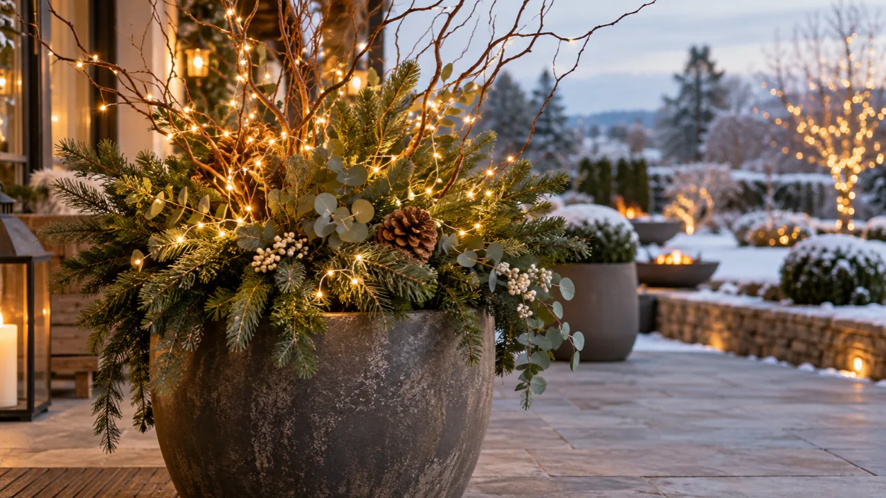 Großer Pflanzkübel mit Tannengrün, Zweigen und warmweißen Lichtern im Garten.