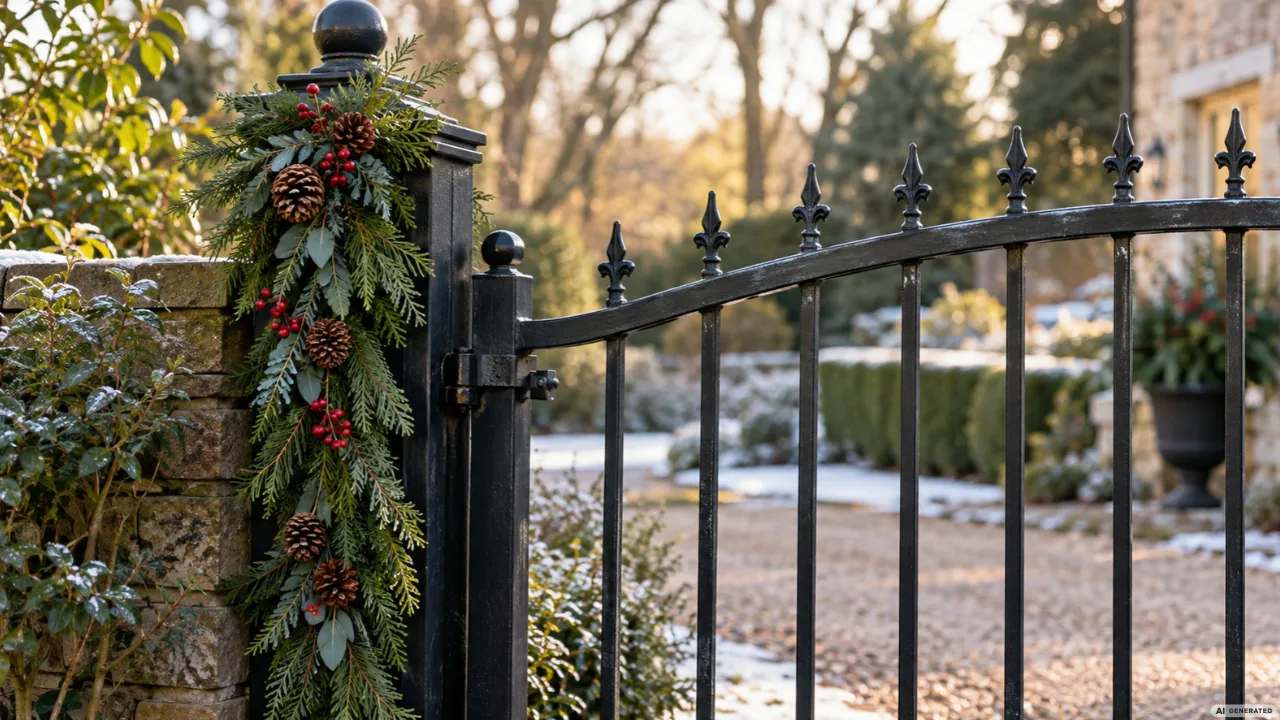 Weihnachtsdeko am Gartentor: 5 Ideen, die auch bei täglicher Nutzung nicht stören Schwarzes Metallgartentor mit grüner Weihnachtsgirlande, Tannenzapfen und roten Beeren am Torpfosten.