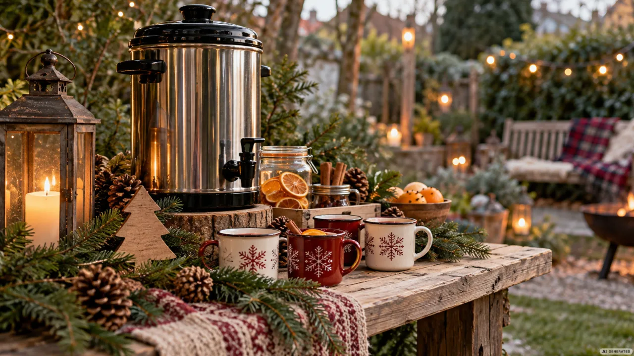 Weihnachtsmarkt im Garten: So gelingt er in 5 Schritten ohne teure Umbauten Rustikaler Holztisch mit Glühweintopf, Weihnachtstassen, Tannenzweigen und Laterne im winterlichen Garten.