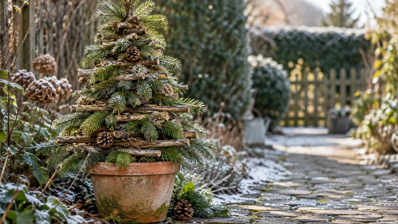 Selbst gemachter Weihnachtsbaum aus Ästen, Tannengrün und Zapfen in einem alten Terrakottatopf im Wintergarten.