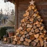 Weihnachtsbaum aus dreieckig gestapeltem Brennholz mit Lichterkette und Holzstern vor einer rustikalen Gartenhütte.