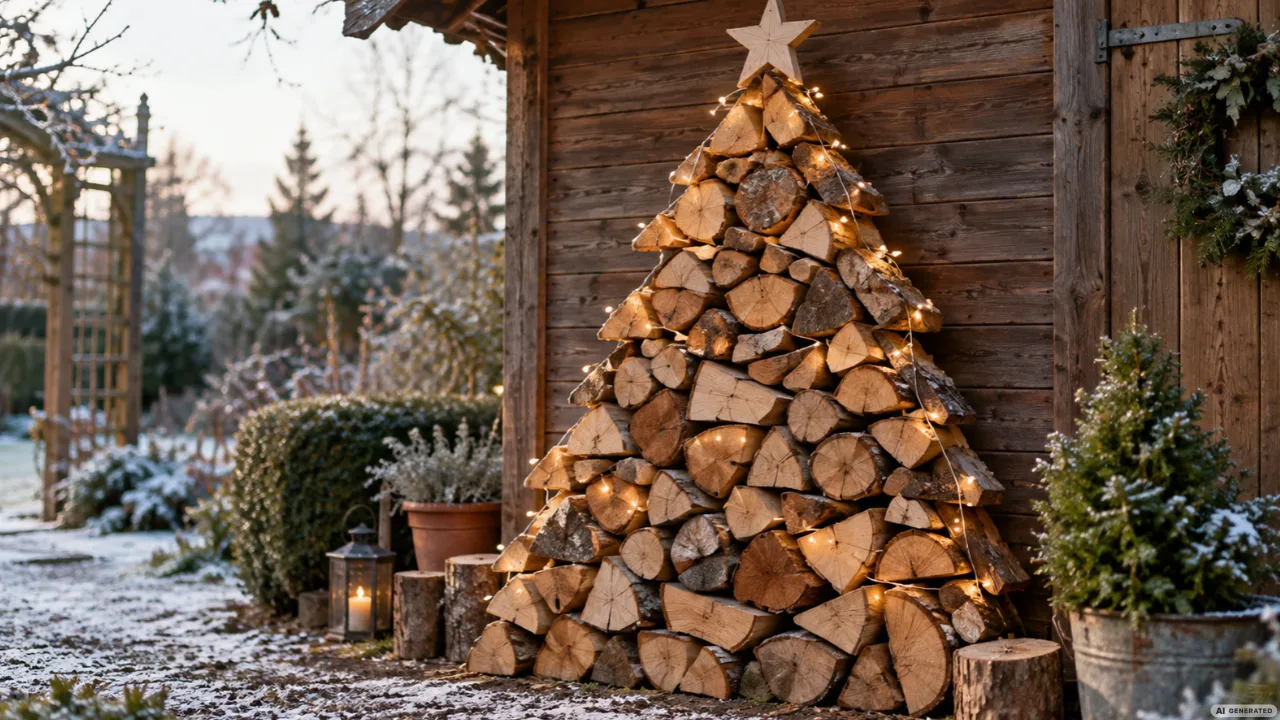 Weihnachtsbaum aus dreieckig gestapeltem Brennholz mit Lichterkette und Holzstern vor einer rustikalen Gartenhütte.