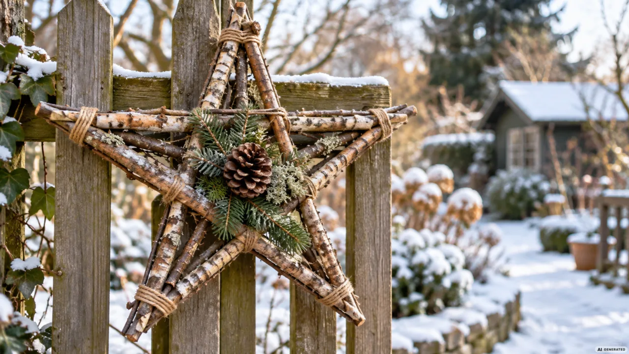 Großer Weihnachtsstern aus Birkenzweigen mit Tannengrün und Kiefernzapfen an einem verschneiten Holzzaun.