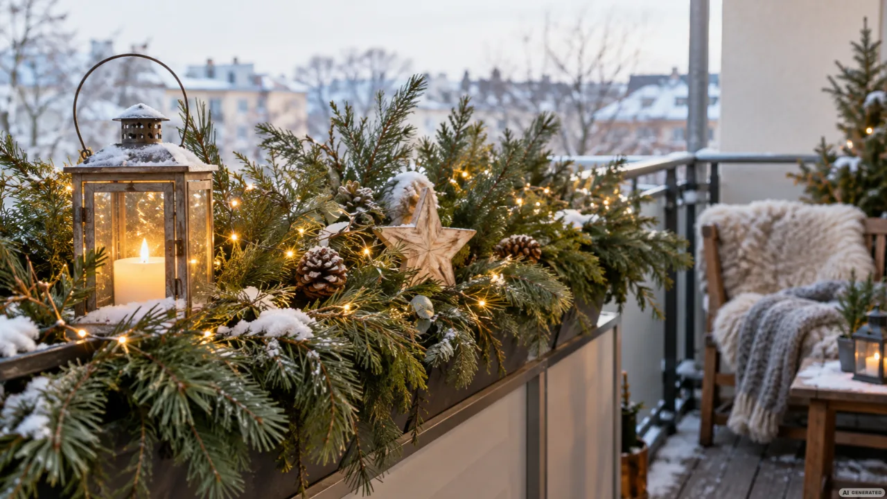 Weihnachtsdeko für den Balkon mit Tannengrün, Lichterkette, Laterne und winterlicher Dekoration.