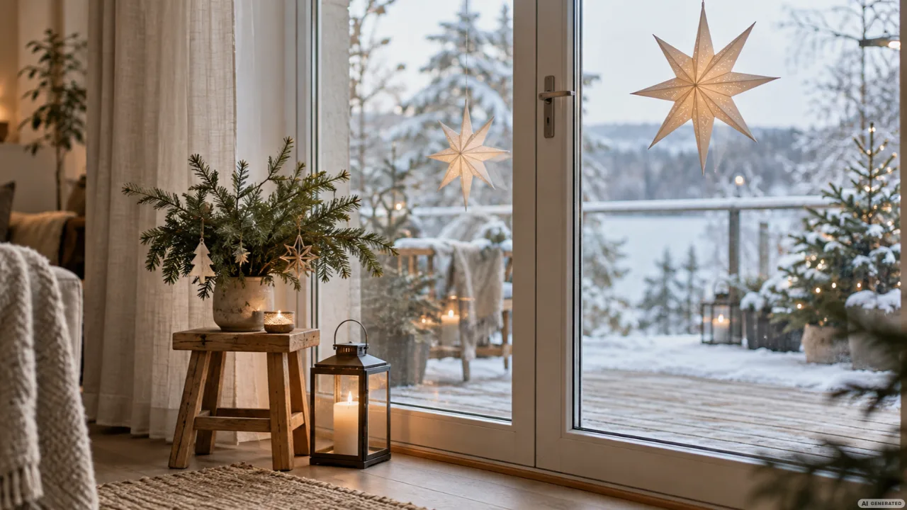 Weihnachtsdeko für die Terrassentür mit Tannengirlande, wintergrünen Pflanzen und warmen Lichtern.