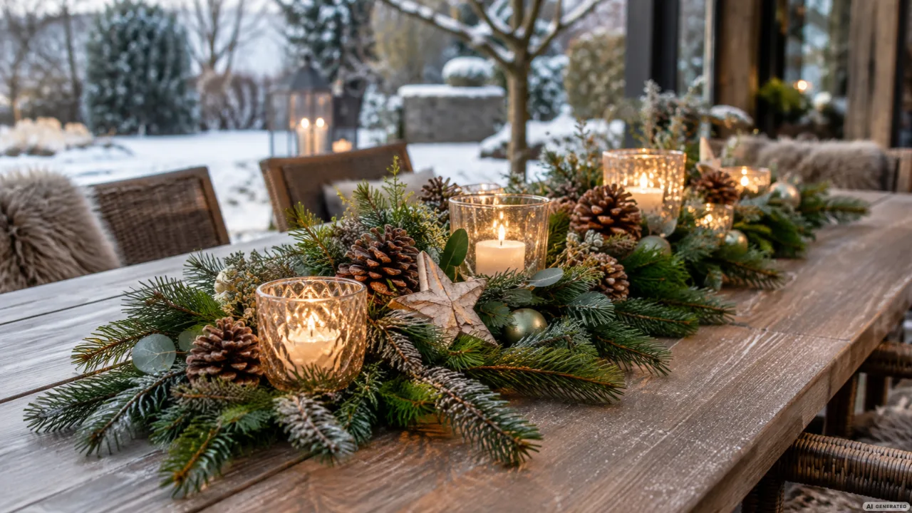 Langer Terrassentisch mit weihnachtlichem Gesteck aus Tannenzweigen, Zapfen, Holzsternen und leuchtenden Kerzen.