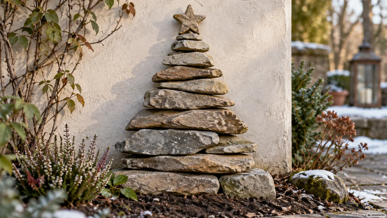 Weihnachtsbaum aus übereinandergestapelten flachen Natursteinen vor einer hellen Gartenmauer.