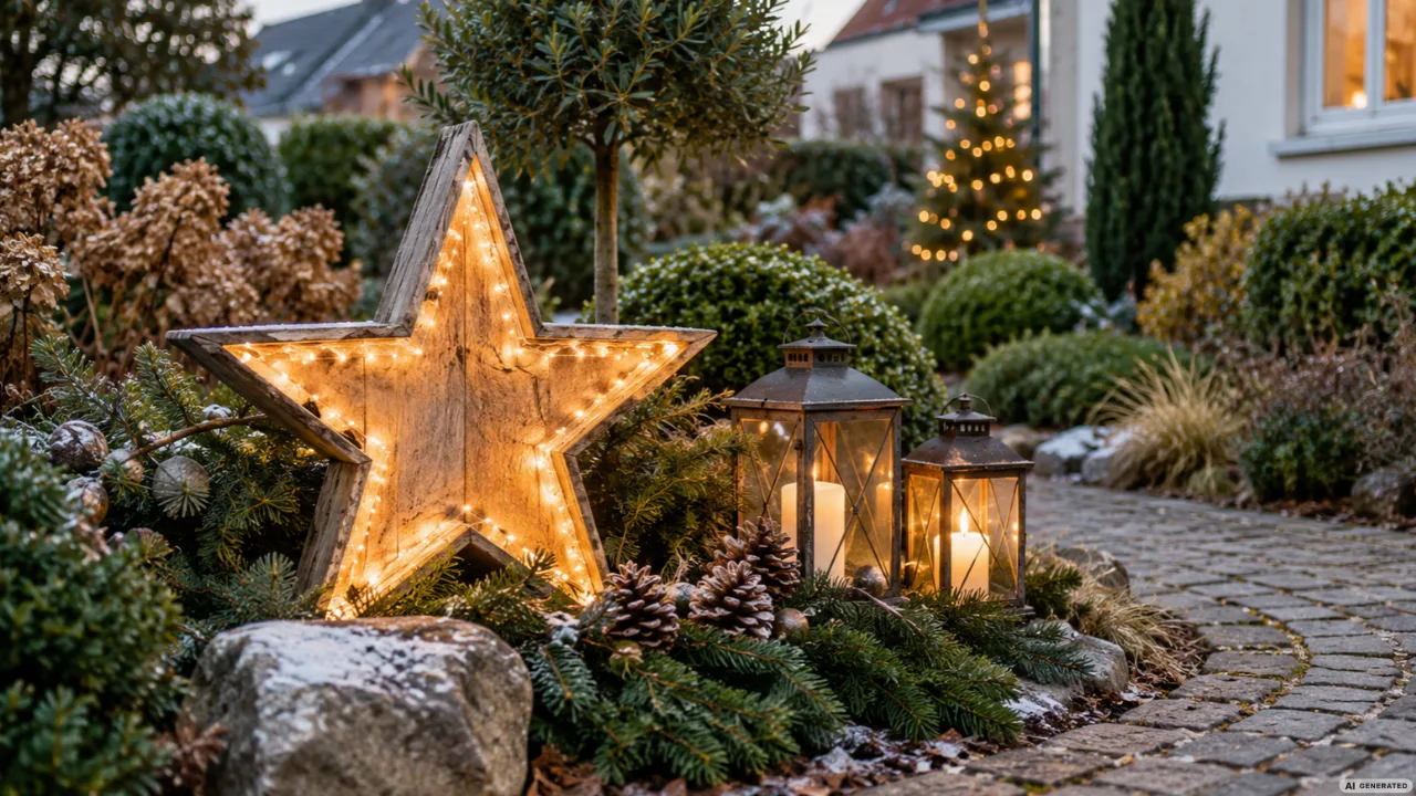 Weihnachtsdeko für den Vorgarten mit leuchtendem Holzstern, Laternen, Tannengrün und winterlichem Gartenweg.