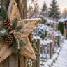Rustikaler Holzstern mit Tannenzweigen und Zapfen an einem verschneiten Gartenzaun im Schrebergarten.