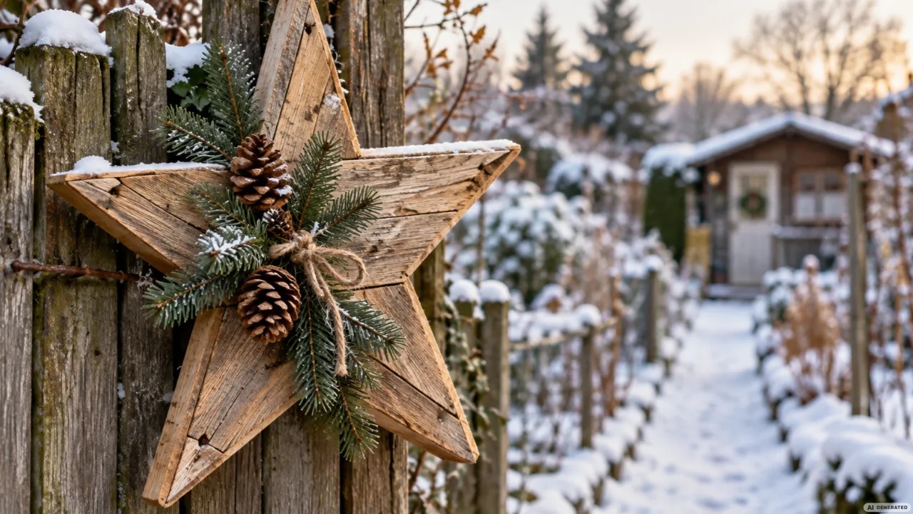 Rustikaler Holzstern mit Tannenzweigen und Zapfen an einem verschneiten Gartenzaun im Schrebergarten.