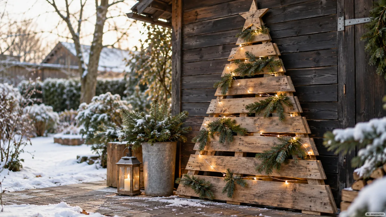 Weihnachtsbaum aus alten Palettenbrettern mit Lichterkette und Tannenzweigen vor einem Gartenhaus im Schnee.