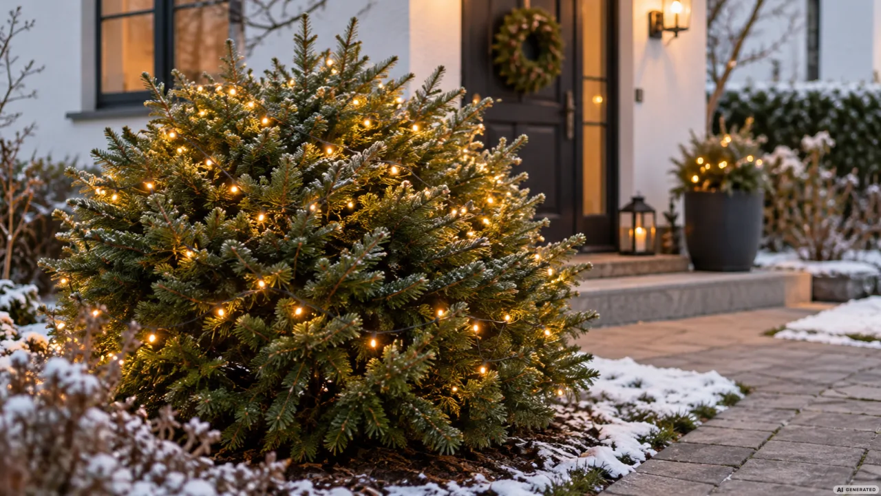 Weihnachtsdeko für den Vorgarten: 5 Ideen, die schnell und günstig gemacht sind Weihnachtsdeko im Vorgarten mit immergrünem Strauch und warmweißer Lichterkette vor dem Hauseingang.