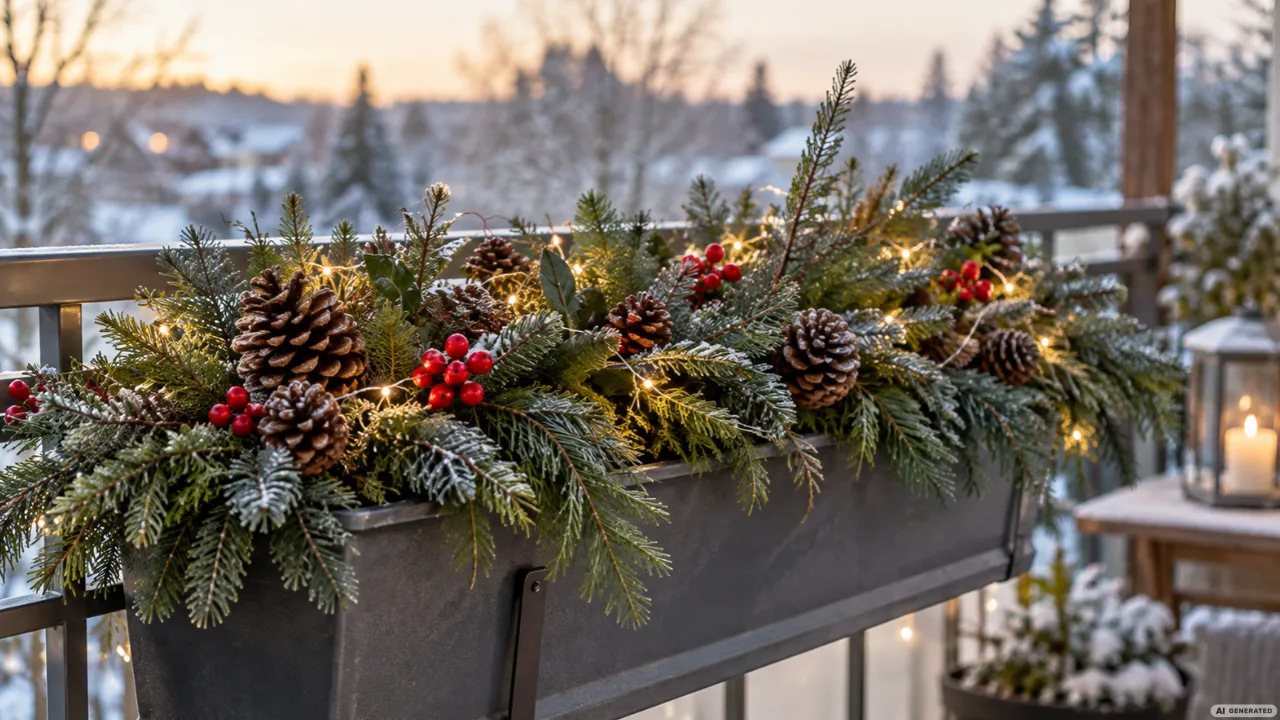 Weihnachtlich dekorierter Blumenkasten am Balkongeländer mit Tannenzweigen, roten Beeren, Zapfen und Lichterkette.