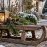 Weihnachtsdeko mit altem Holzschlitten, Tannengrün, Zapfen und leuchtender Laterne im winterlichen Garten.