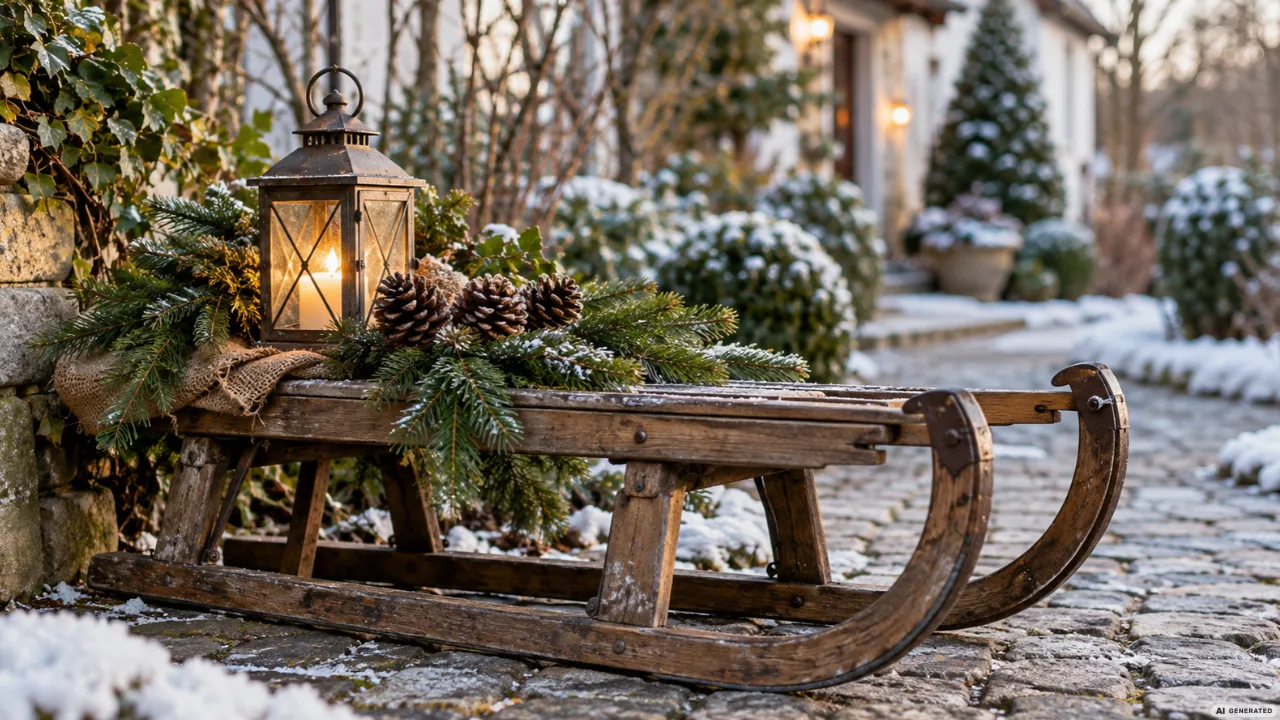 Weihnachtsdeko mit altem Holzschlitten, Tannengrün, Zapfen und leuchtender Laterne im winterlichen Garten.