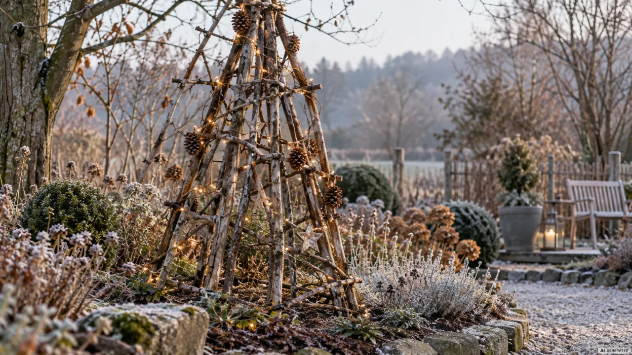 Große Pyramide aus Ästen mit warmweißen Lichtern und Naturanhängern in einem frostigen Gartenbeet.