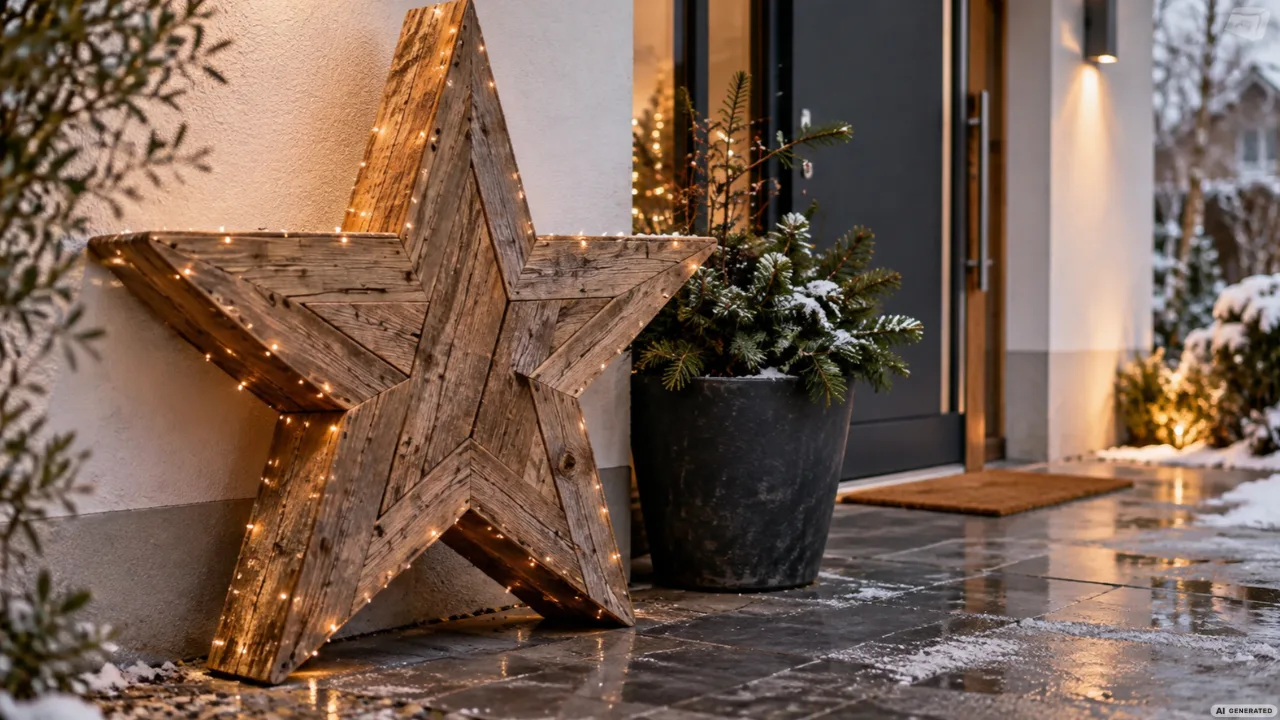 Wetterfeste Weihnachtsdeko: 5 robuste Ideen für einen ungeschützten Hauseingang Großer beleuchteter Holzstern neben einem Pflanzkübel mit Tannengrün vor einem modernen Hauseingang.