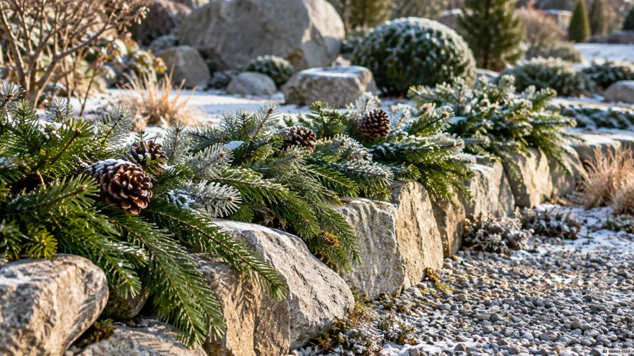 Natursteinreihe mit Tannengirlande und Zapfen zwischen Kies und frostigen Pflanzen im winterlichen Steingarten.