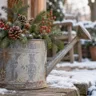 Alte Zinkgießkanne mit Tannenzweigen, Zapfen und roten Beeren im verschneiten Garten.