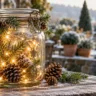 Weihnachtlich dekoriertes Einmachglas mit LED-Lichterkette, Tannenzweigen und Zapfen auf einem Holztisch im Garten.