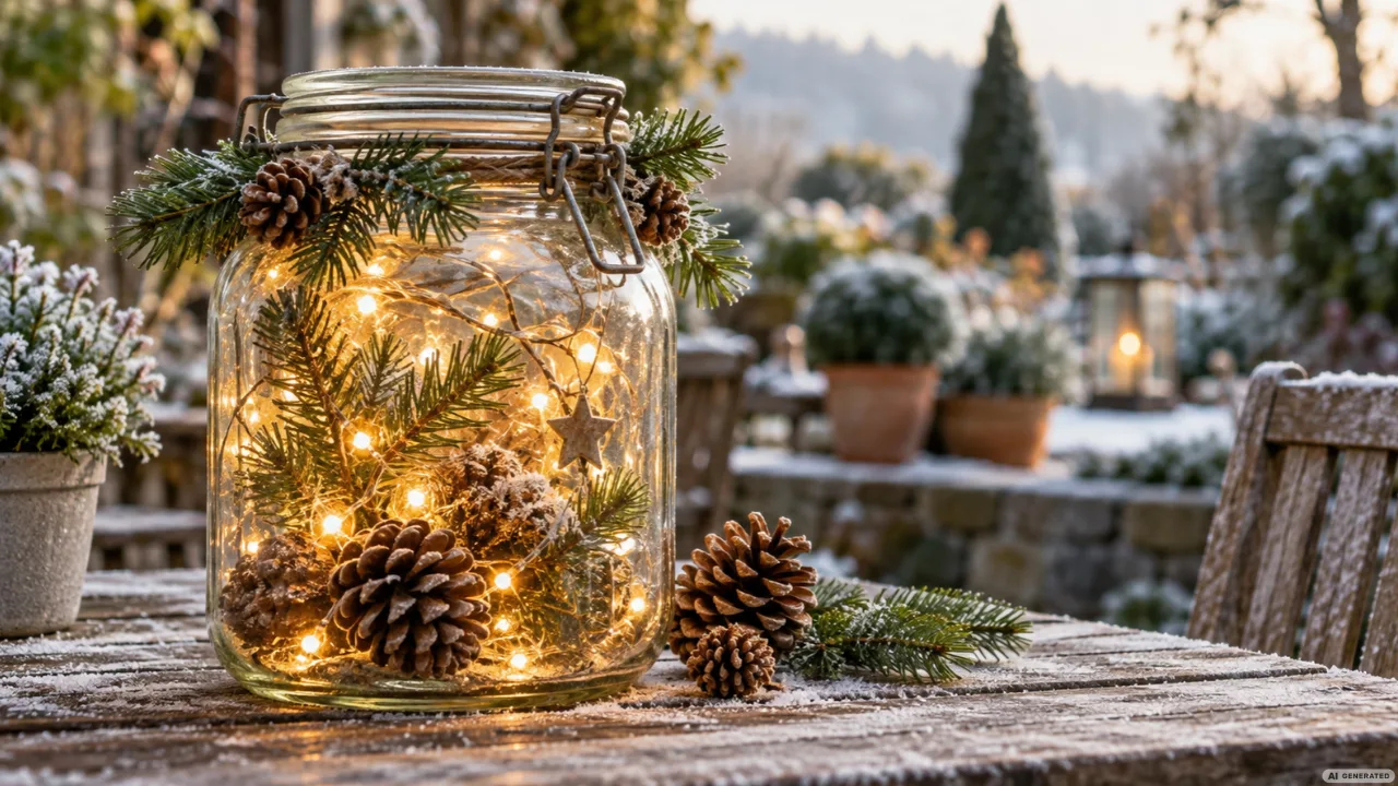 Weihnachtlich dekoriertes Einmachglas mit LED-Lichterkette, Tannenzweigen und Zapfen auf einem Holztisch im Garten.