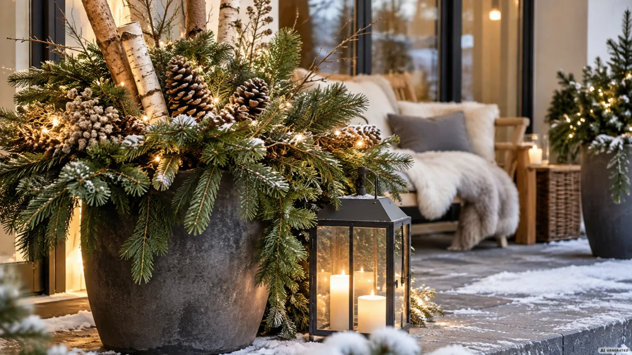 Weihnachtsdeko für die Terrasse mit Tannengrün, Laterne und warmem Licht auf winterlichen Steinplatten.