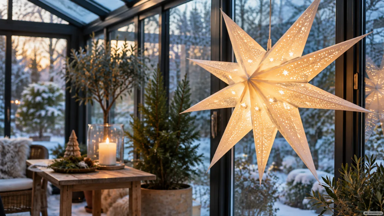 Weihnachtsdeko für den Wintergarten mit großem leuchtendem Papierstern am Fenster und winterlichem Gartenblick.