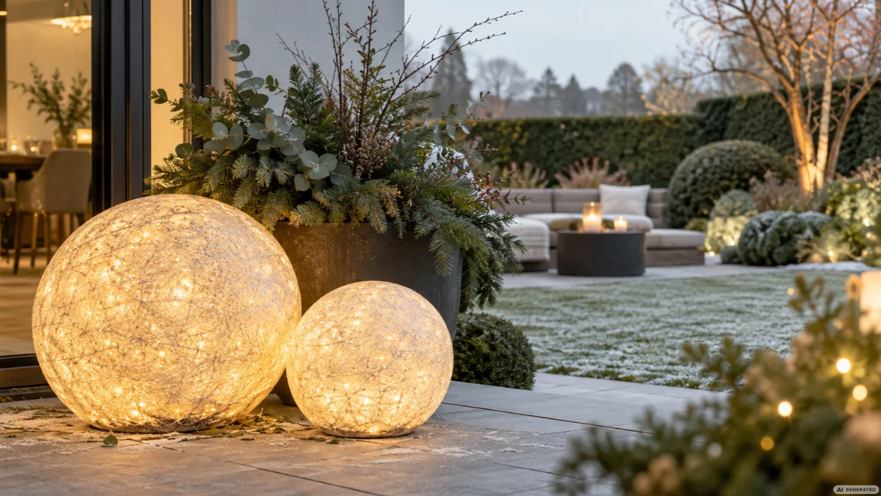 Moderne Weihnachtsdeko für den Garten mit Holzstern, Laterne und beleuchtetem Tannenbaum im Winter.