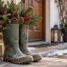 Zwei alte grüne Gummistiefel mit Tannenzweigen, Zapfen und roten Beeren als Weihnachtsdeko am Hauseingang.