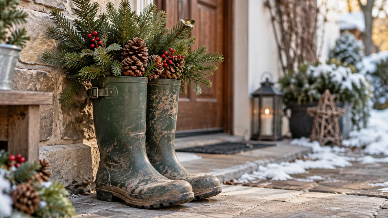 Zwei alte grüne Gummistiefel mit Tannenzweigen, Zapfen und roten Beeren als Weihnachtsdeko am Hauseingang.