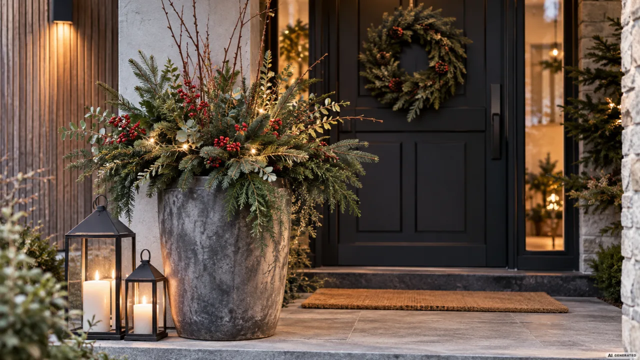 Weihnachtsdeko am Hauseingang mit Tannengrün, Kranz, Laternen und warmem Licht.