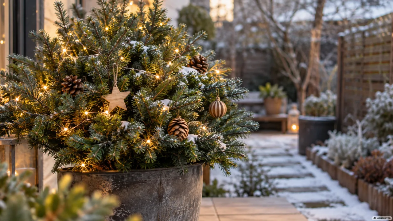 Kleiner Tannenbaum im Pflanzkübel mit warmweißen Lichterketten und Holzschmuck in einem verschneiten Garten.