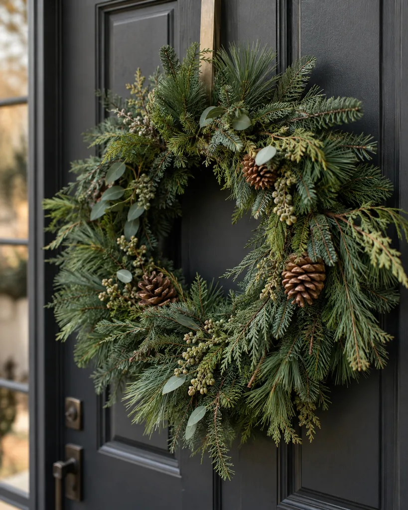 Wetterfeste Weihnachtsdeko: 5 robuste Ideen für einen ungeschützten Hauseingang Großer Weihnachtskranz aus Tannengrün, Kiefernzweigen und Zapfen an einer dunklen Haustür.