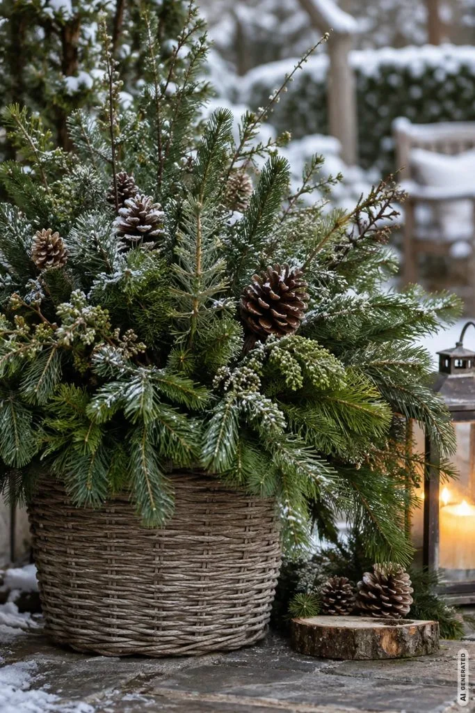 Weihnachtsdeko für den Garten mit Tannengrün, Zapfen und Laterne im winterlichen Außenbereich.