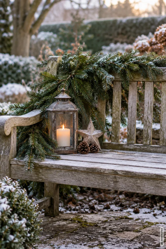 Weihnachtsdeko für den Garten mit Gartenbank, Tannengrün, Laterne und winterlicher Atmosphäre.