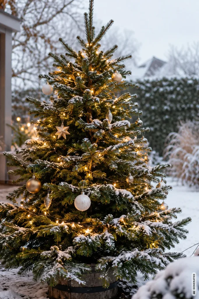 Weihnachtsdeko für den Garten mit beleuchtetem Weihnachtsbaum, Kugeln und winterlicher Bepflanzung.