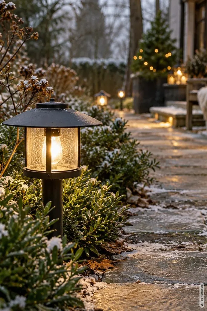 Weihnachtsdeko für den Garten mit warm beleuchtetem Weg, Laterne und winterlichem Grün.