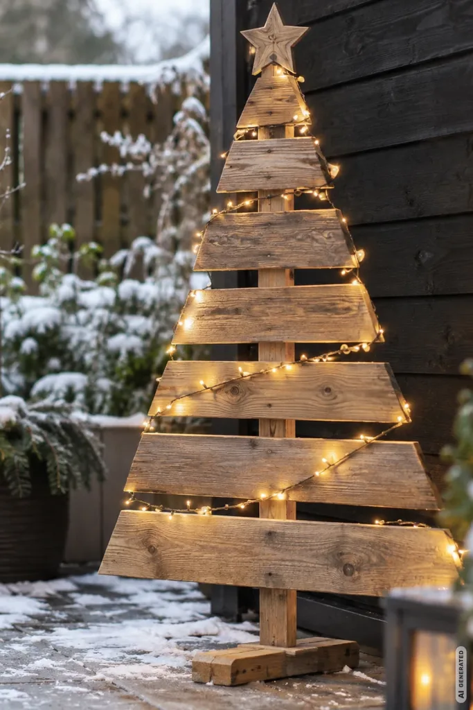 Weihnachtsdeko aus Holz im Garten: Holz-Weihnachtsbaum mit Lichterkette auf winterlicher Terrasse.