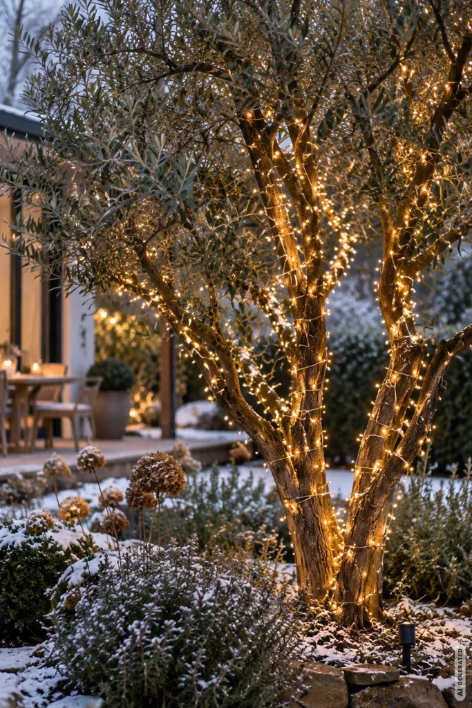 Weihnachtsdeko für den Garten mit warmweiß beleuchtetem Baum und winterlicher Gartengestaltung.