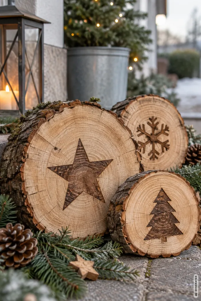 Weihnachtsdeko aus Holz für den Garten mit Holzscheiben, Stern, Tannenbaum und winterlichen Zweigen.