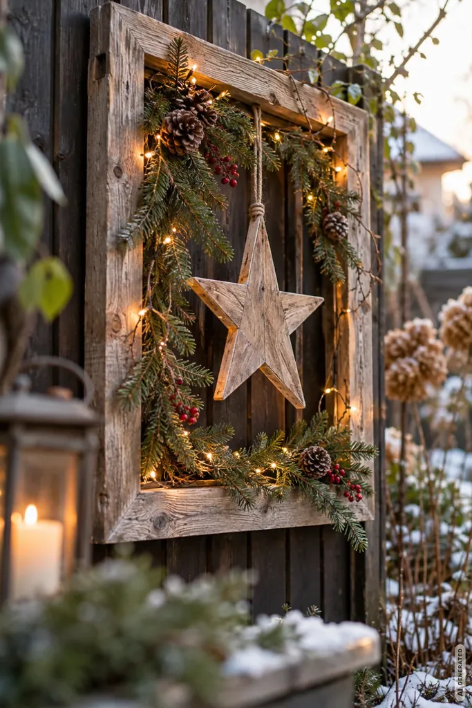 Weihnachtsdeko aus Holz für den Garten mit Holzrahmen, Stern, Tannengrün und warmer Lichterkette.