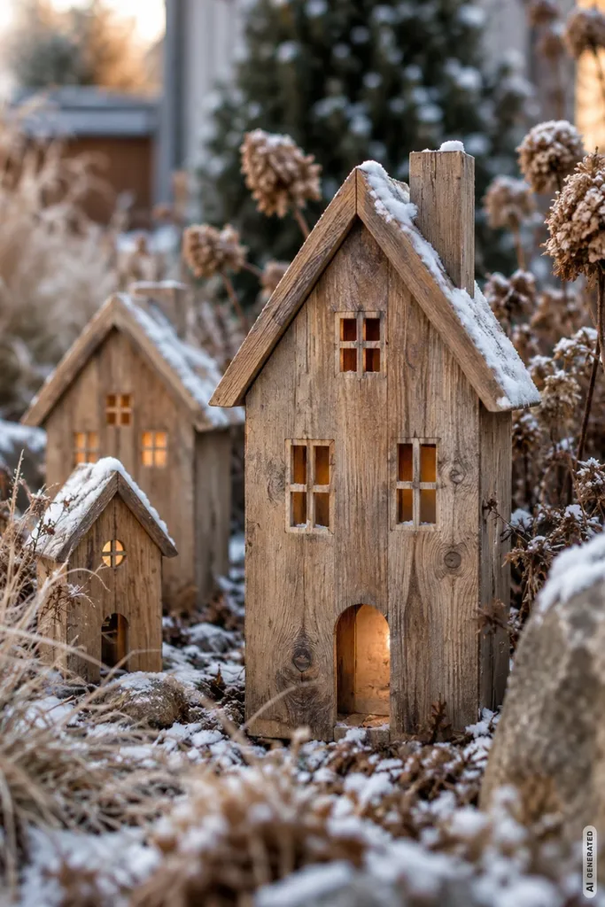Weihnachtsdeko aus Holz für den Garten mit kleinen Holzhäusern zwischen winterlichen Pflanzen.