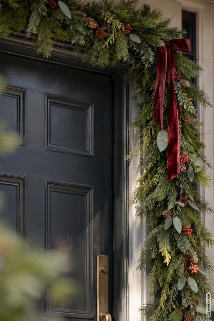 Weihnachtsdeko für die Haustür: 5 Ideen, die beim Öffnen nicht stören Weihnachtsdeko für die Haustür mit seitlicher Tannengirlande, roten Beeren und Schleife am Türrahmen.