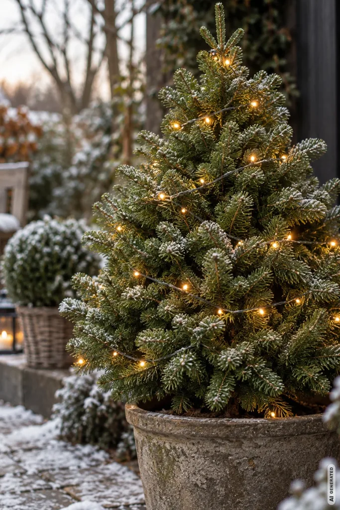 Kleiner Nadelbaum im Pflanzkübel mit warmweißer Lichterkette auf einer winterlichen Gartenterrasse.