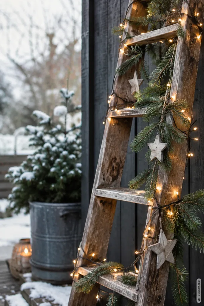 Verwitterte Holzleiter mit warmweißer Lichterkette, Tannenzweigen und Holzsternen an einer dunklen Gartenhauswand.