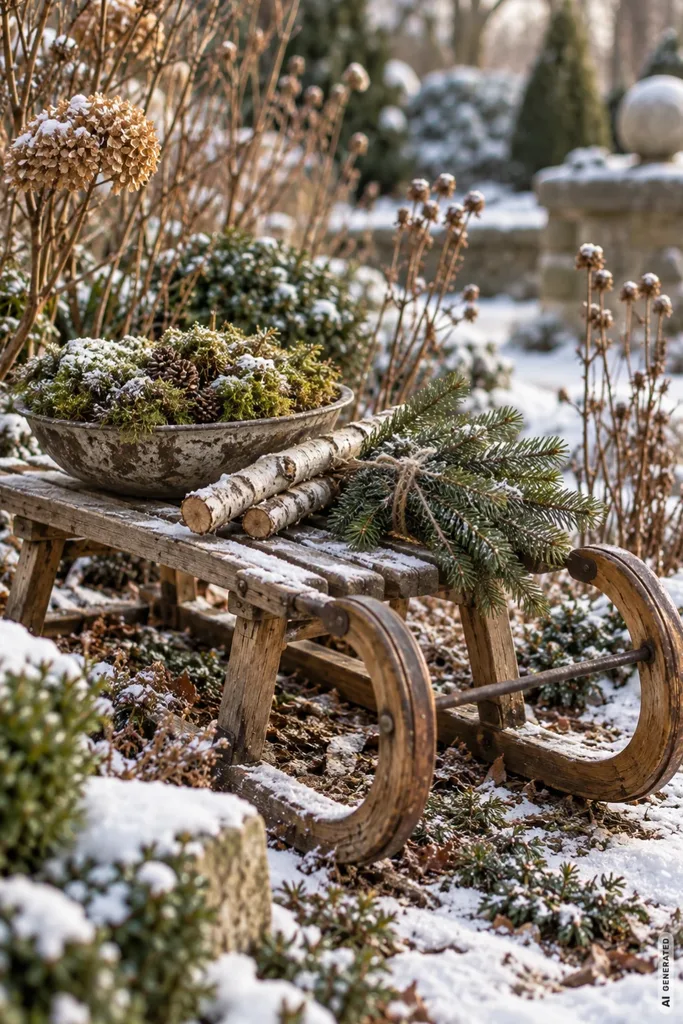 Weihnachtsdeko mit alten Schlitten: 5 Ideen, die auch ohne Schnee schön aussehen Weihnachtsdeko mit altem Holzschlitten im winterlichen Staudenbeet, dekoriert mit Moos, Birkenholz und Tannenzweigen.